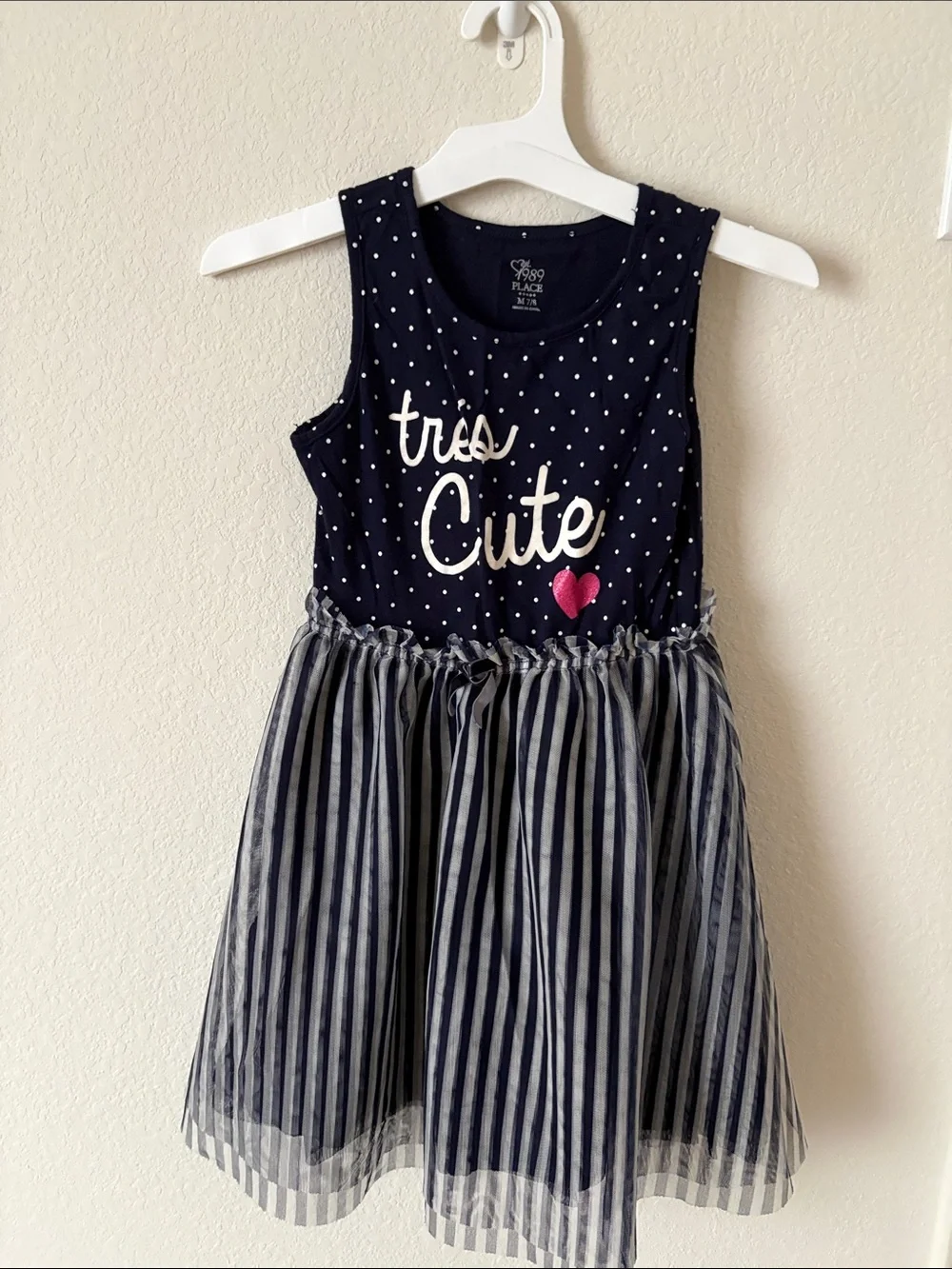The Children's Place Navy Polka Dot & Striped Tulle Dress with Pink Heart Accent